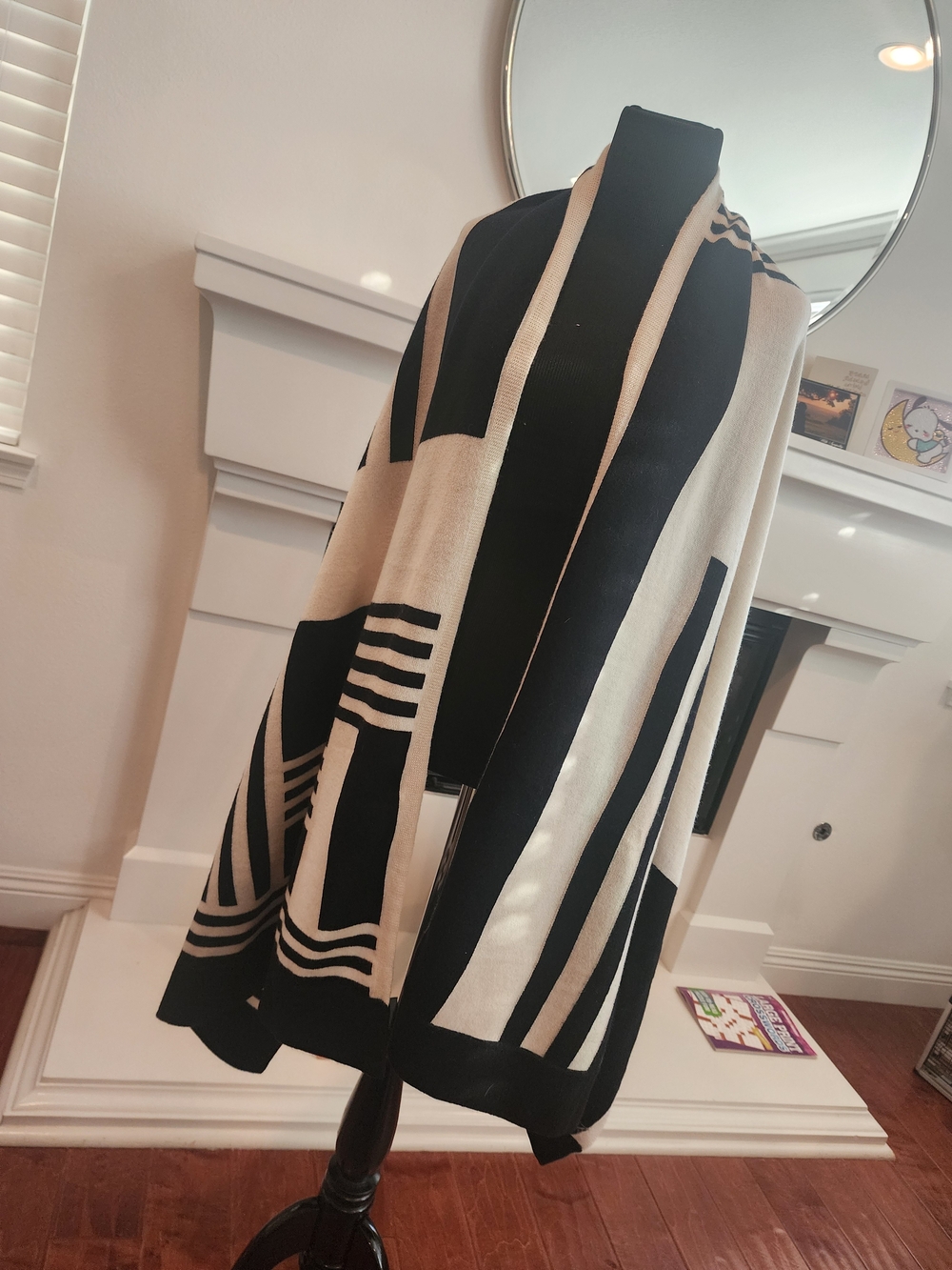 Nordstrom Black and Cream Geometric Open-Front Cape